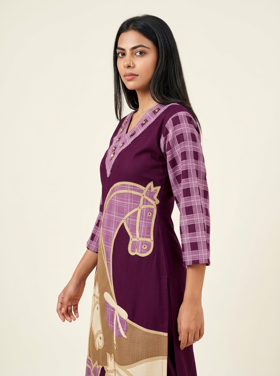 Purple & Beige Printed & Beads Kurta Set with Trousers