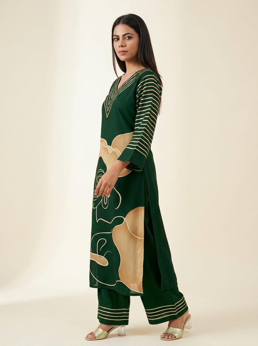Green & Beige Printed Kurta Set with Trousers