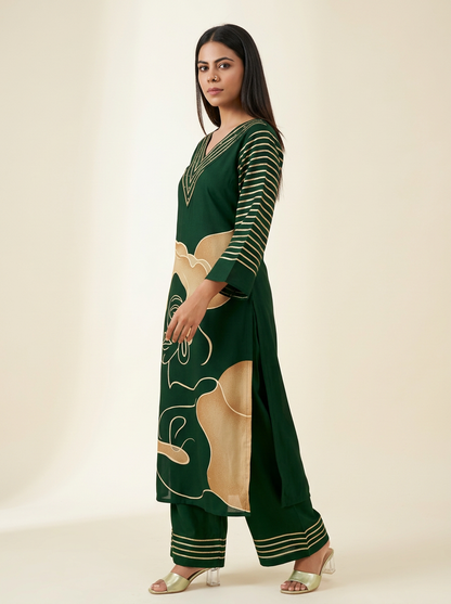 Green & Beige Printed Kurta Set with Trousers