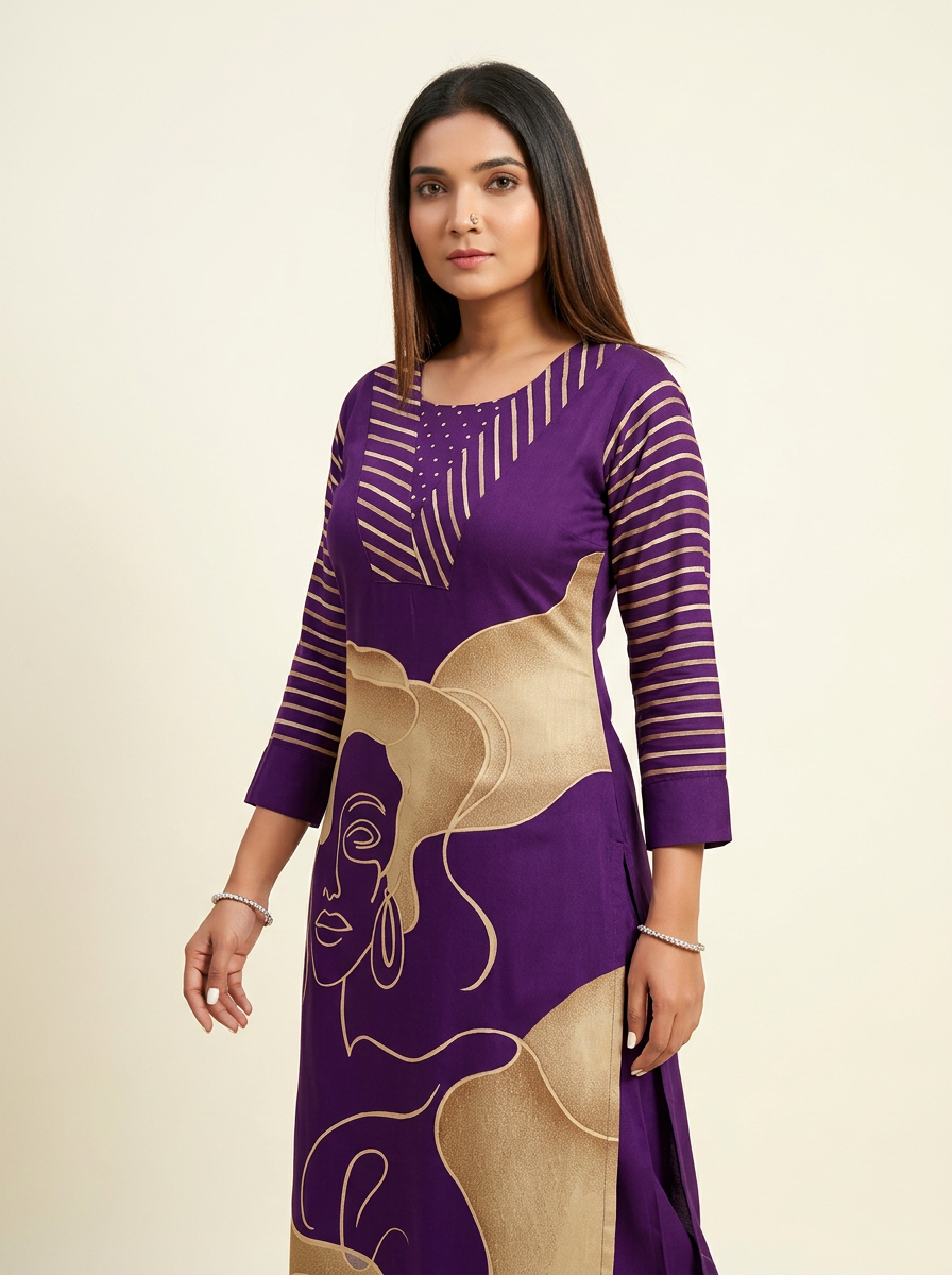 Women Purple & Beige Printed Kurta Set with Trousers