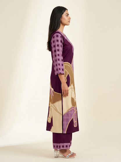 Purple & Beige Printed & Beads Kurta Set with Trousers