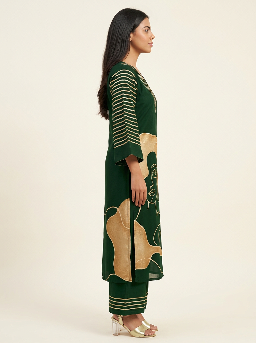 Green & Beige Printed Kurta Set with Trousers