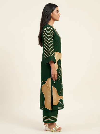 Green & Beige Printed Kurta Set with Trousers