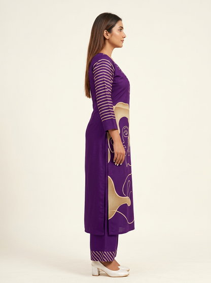 Women Purple & Beige Printed Kurta Set with Trousers