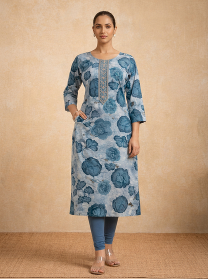 AVIRA Women Blue & Grey Floral Printed Straight Kurta