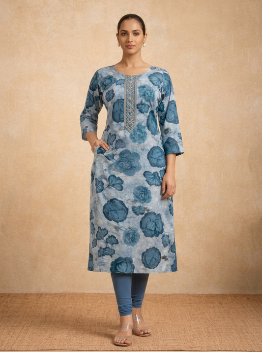 AVIRA Women Blue & Grey Floral Printed Straight Kurta