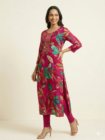 RAVIKA Women Pink & Multicolor Floral Printed Straight Kurta