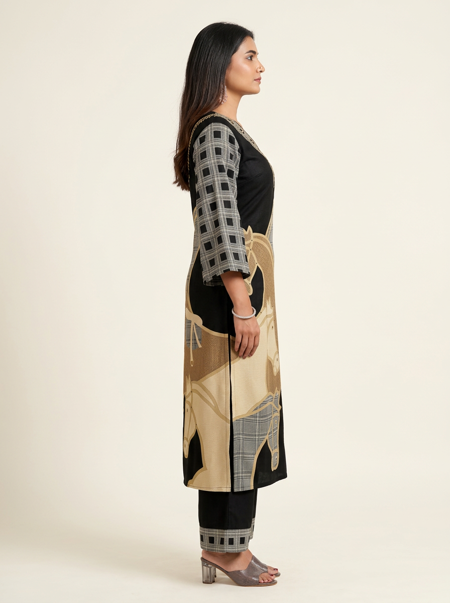 Women Black & Beige Printed & Beads Kurta Set with Trousers