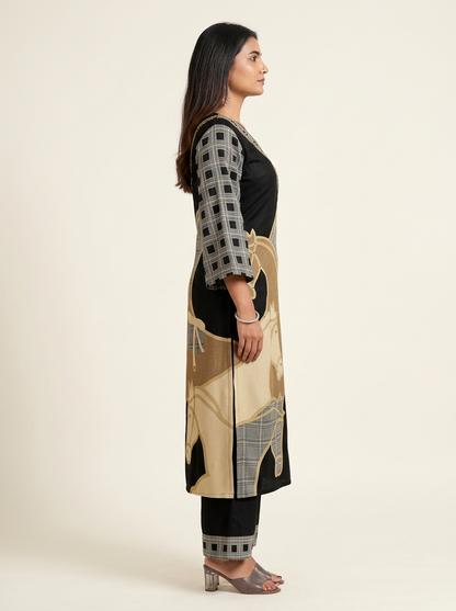 Women Black & Beige Printed & Beads Kurta Set with Trousers