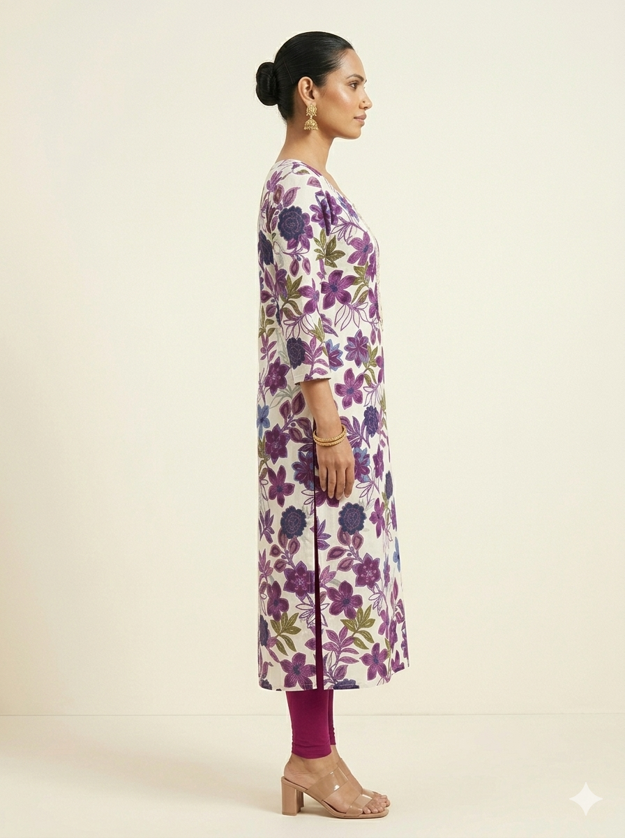 KARIVA Women White & Purple Floral Printed Straight Kurta