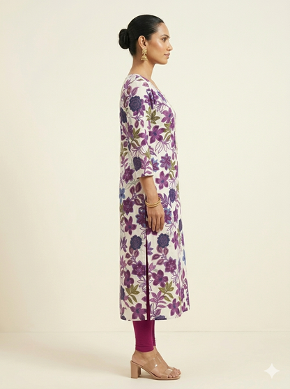 KARIVA Women White & Purple Floral Printed Straight Kurta