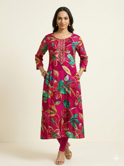 RAVIKA Women Pink & Multicolor Floral Printed Straight Kurta