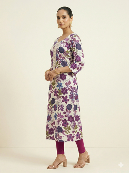 KARIVA Women White & Purple Floral Printed Straight Kurta