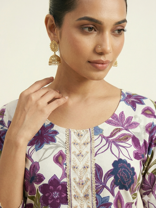 KARIVA Women White & Purple Floral Printed Straight Kurta