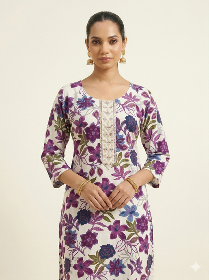 KARIVA Women White & Purple Floral Printed Straight Kurta