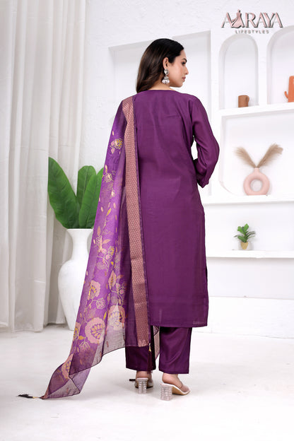 Royal Plum Embroidered Roman Cotton Blend Suit Set