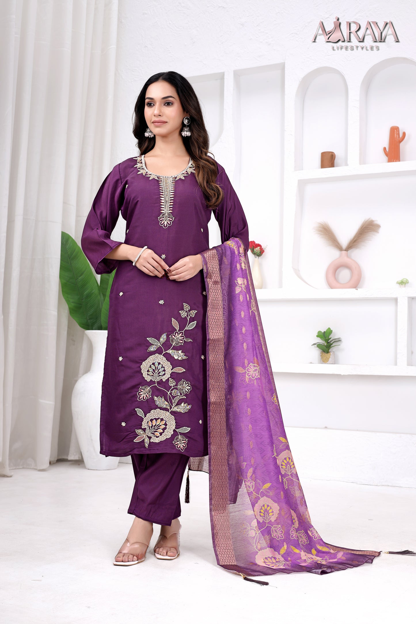 Royal Plum Embroidered Roman Cotton Blend Suit Set