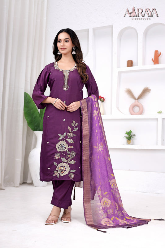 Beads Embroidered Roman Cotton Blend Suit Set