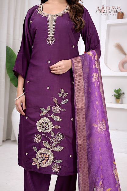 Royal Plum Embroidered Roman Cotton Blend Suit Set