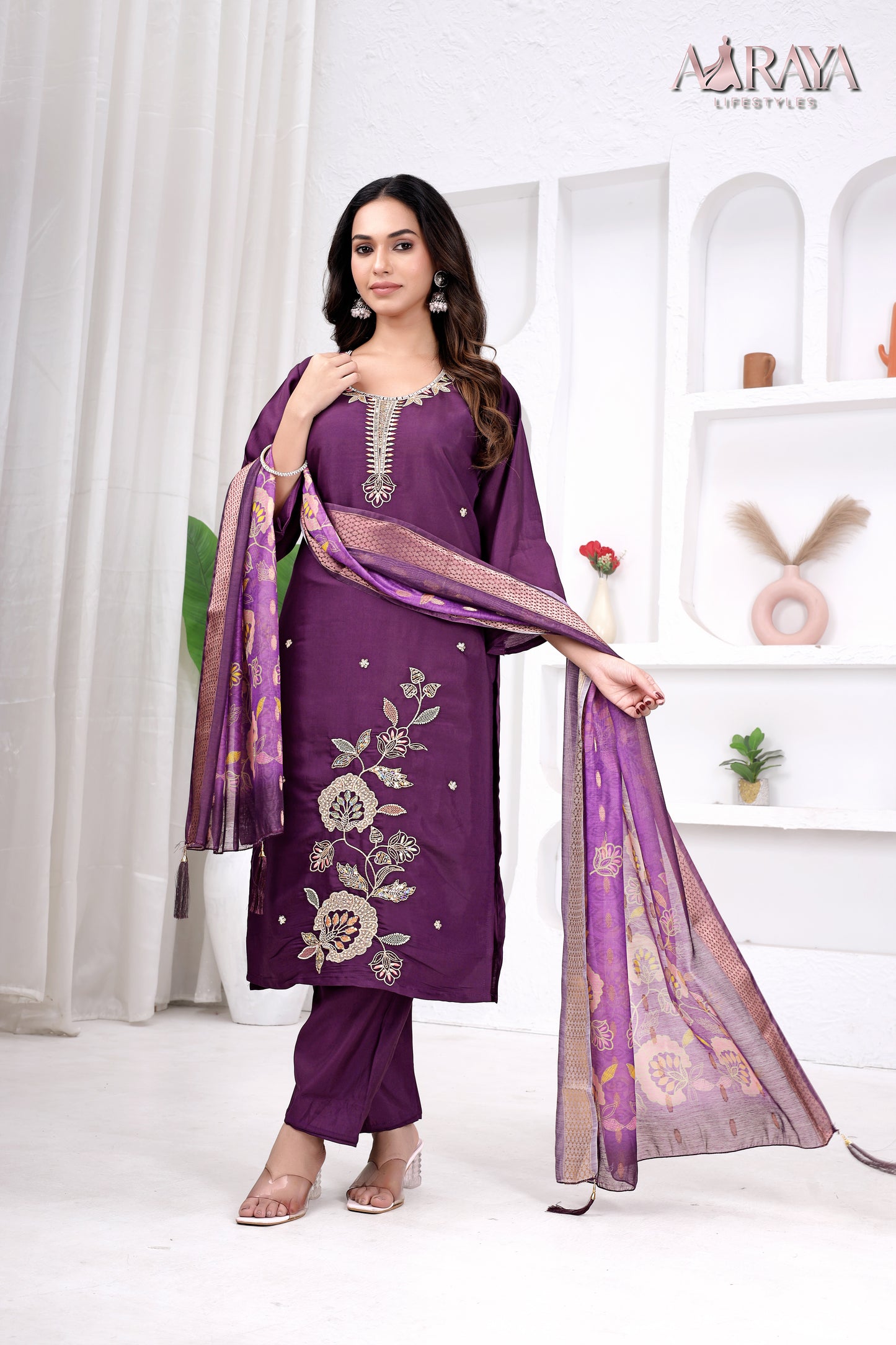 Royal Plum Embroidered Roman Cotton Blend Suit Set