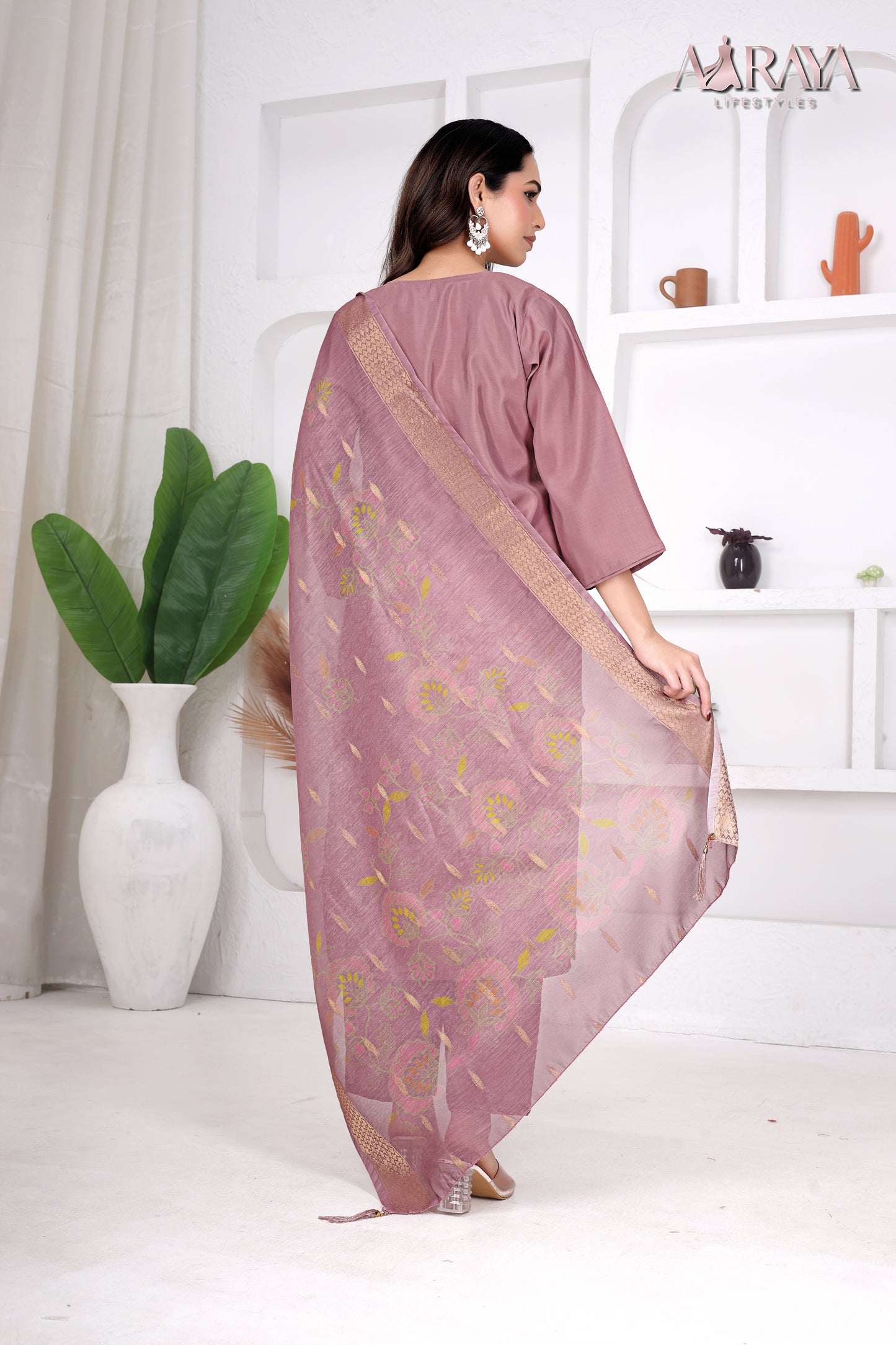 Rose Dust Embroidered Roman Cotton Blend Suit Set