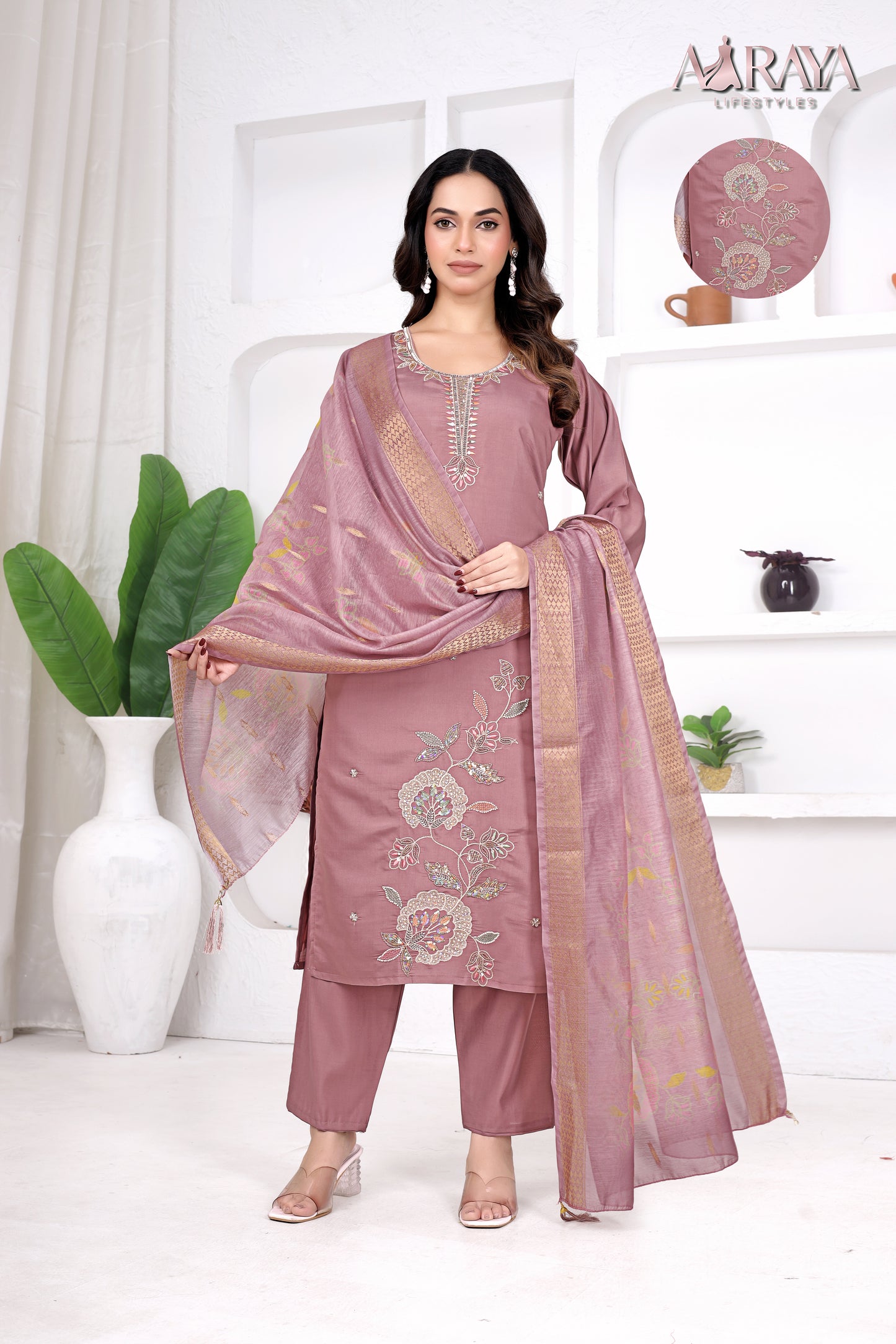 Rose Dust Embroidered Roman Cotton Blend Suit Set