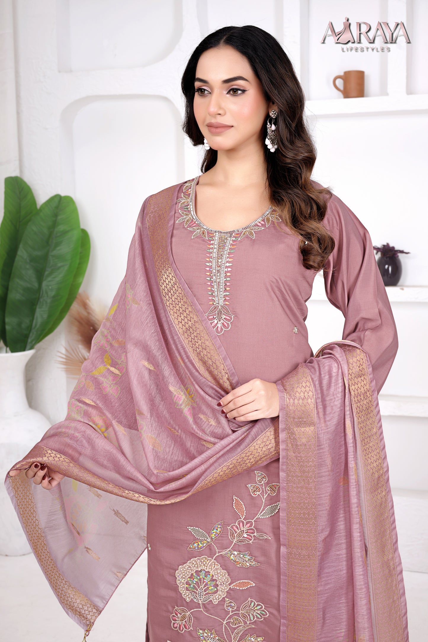Rose Dust Embroidered Roman Cotton Blend Suit Set