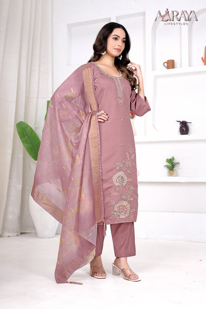 Rose Dust Embroidered Roman Cotton Blend Suit Set