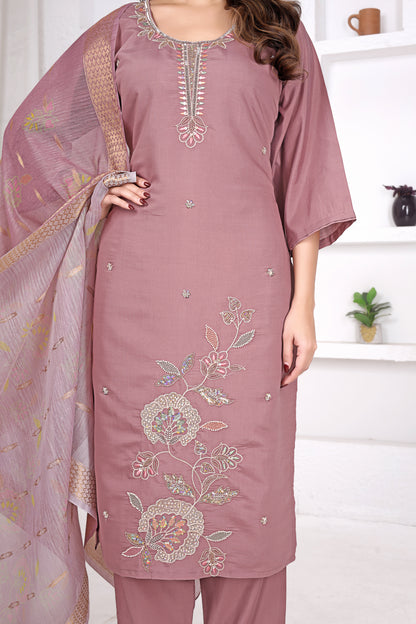 Rose Dust Embroidered Roman Cotton Blend Suit Set