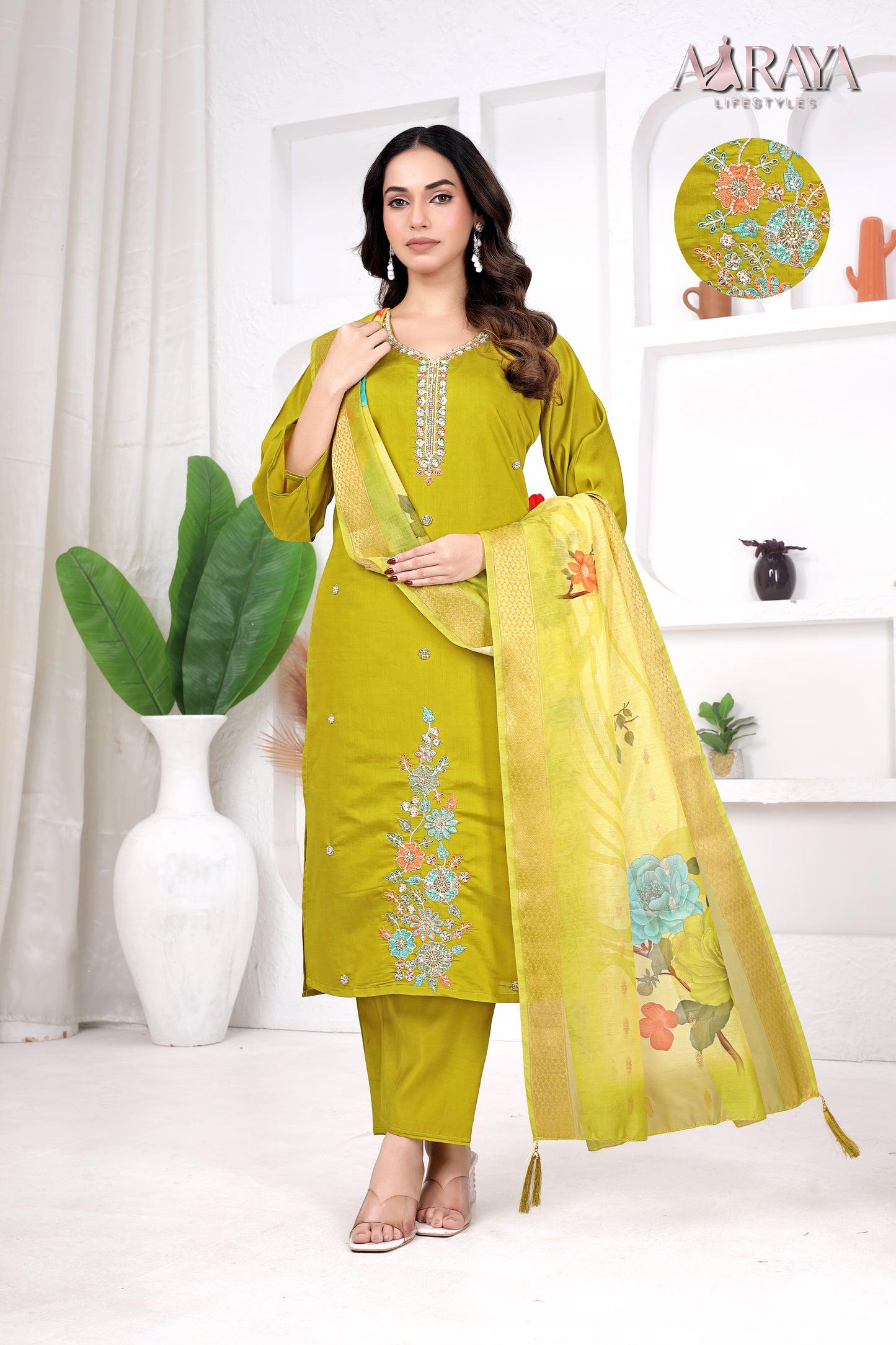 Olive Bloom Embroidered Roman Cotton Blend Suit Set
