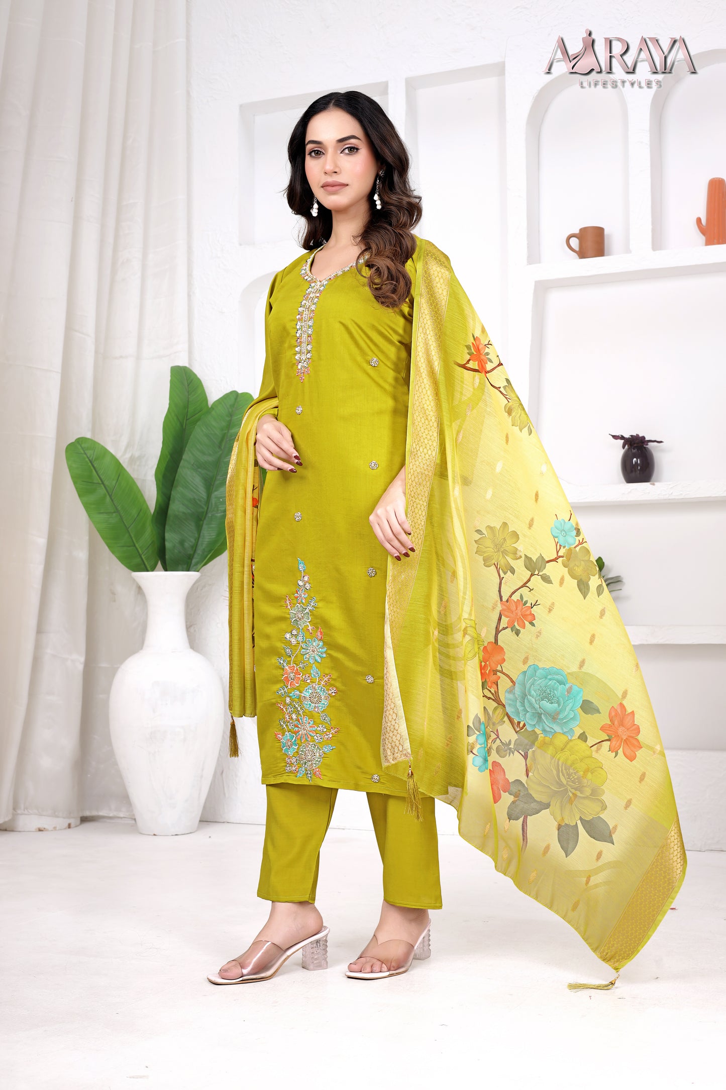 Olive Bloom Embroidered Roman Cotton Blend Suit Set