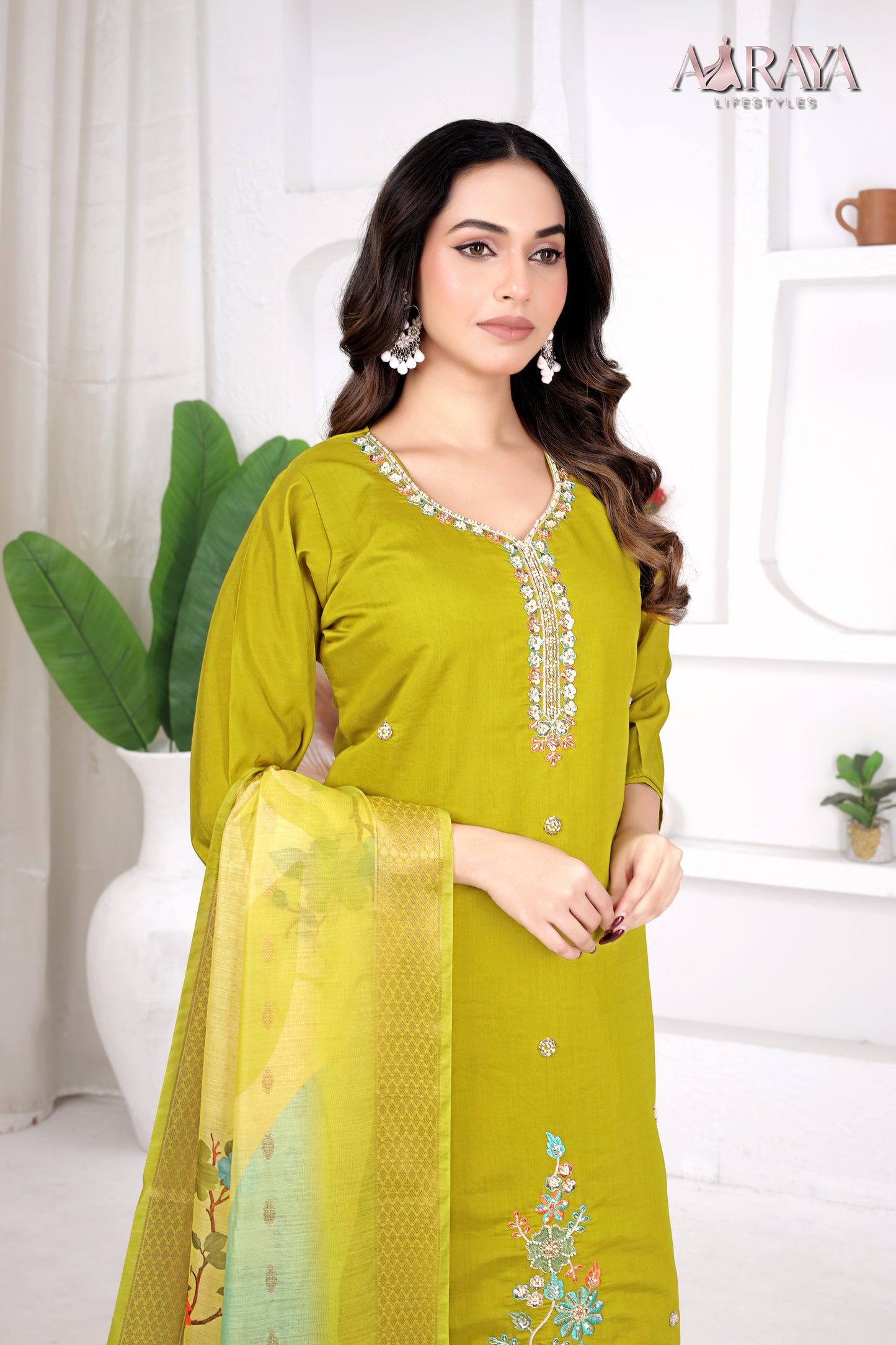 Olive Bloom Embroidered Roman Cotton Blend Suit Set