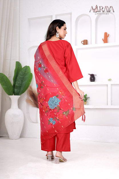 Scarlet Bloom Embroidered Roman Cotton Blend Suit Set