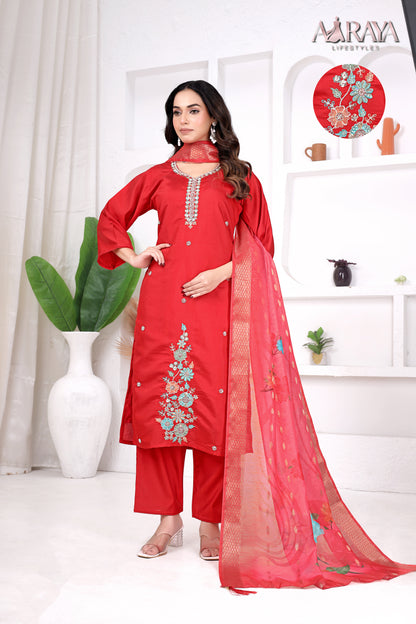 Scarlet Bloom Embroidered Roman Cotton Blend Suit Set