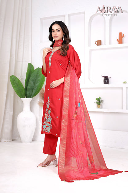 Scarlet Bloom Embroidered Roman Cotton Blend Suit Set
