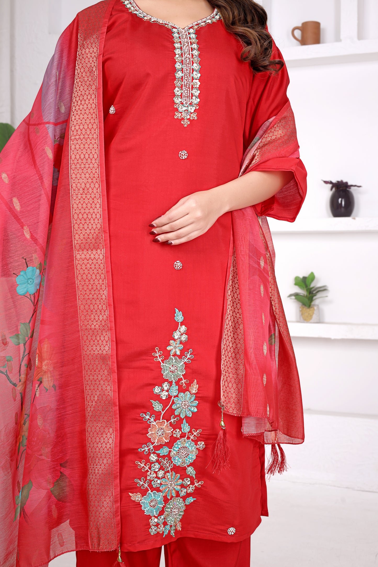 Scarlet Bloom Embroidered Roman Cotton Blend Suit Set