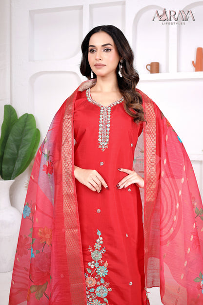 Scarlet Bloom Embroidered Roman Cotton Blend Suit Set
