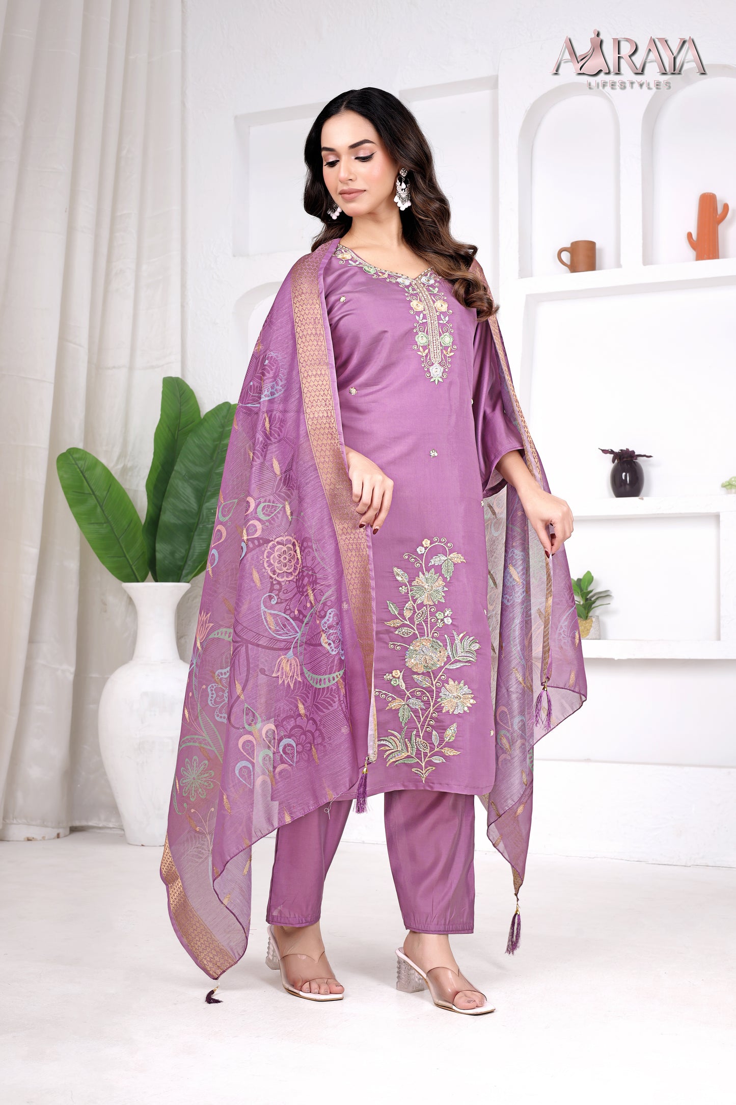 Lilac Aura Embroidered Roman Cotton Blend Suit Set