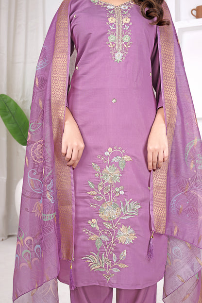 Lilac Aura Embroidered Roman Cotton Blend Suit Set