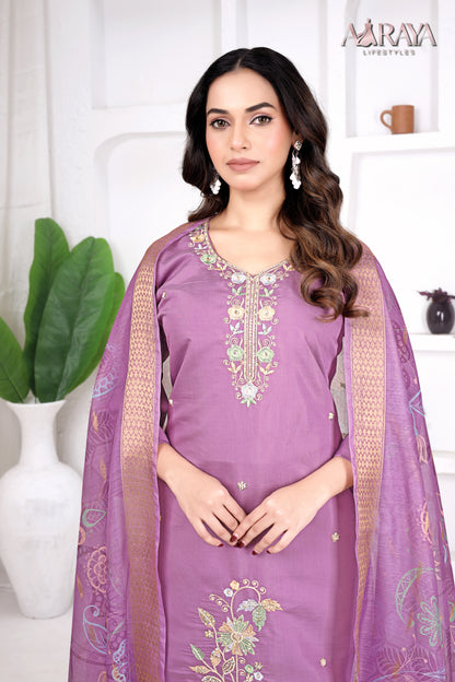 Lilac Aura Embroidered Roman Cotton Blend Suit Set