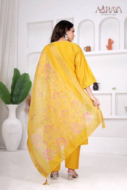 Sunlit Mustard Embroidered Roman Cotton Blend Suit Set