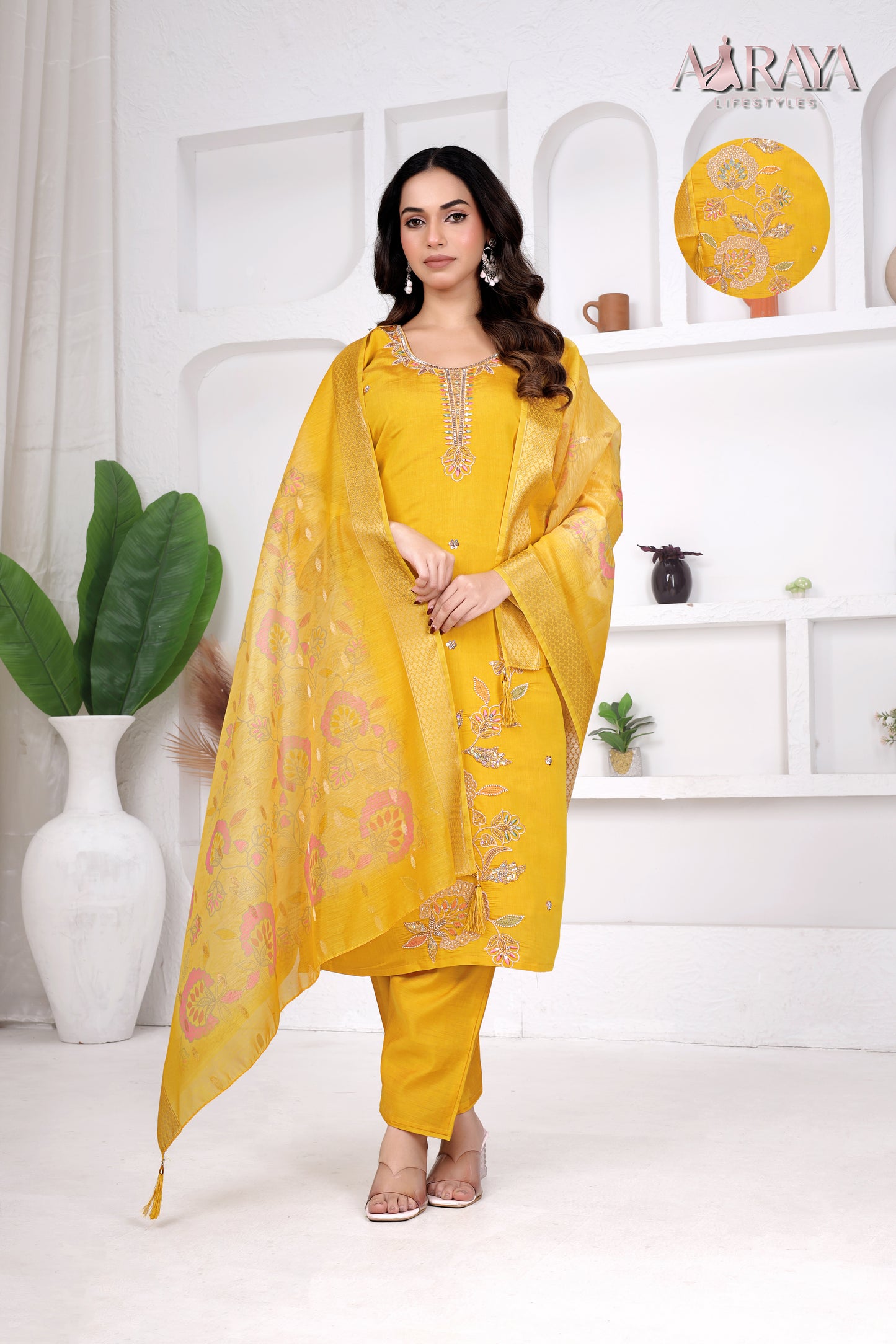 Sunlit Mustard Embroidered Roman Cotton Blend Suit Set