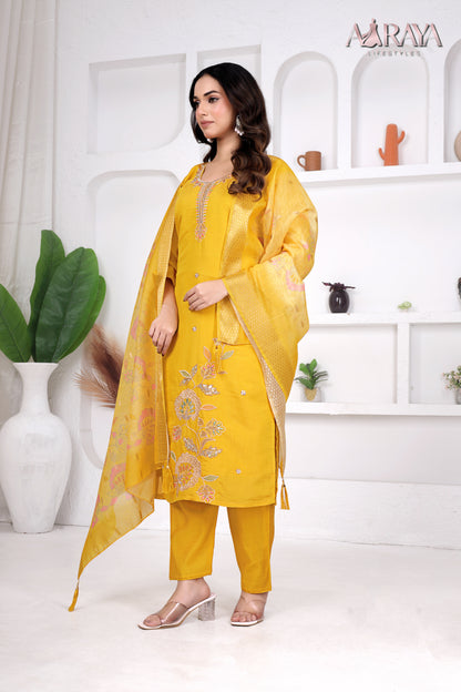 Sunlit Mustard Embroidered Roman Cotton Blend Suit Set
