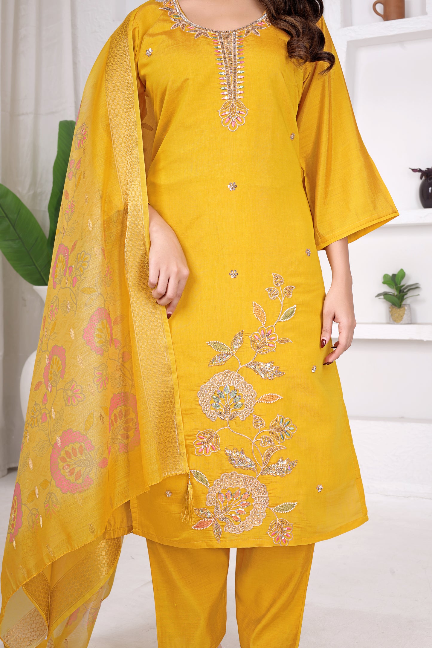 Sunlit Mustard Embroidered Roman Cotton Blend Suit Set