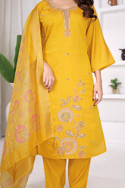 Sunlit Mustard Embroidered Roman Cotton Blend Suit Set