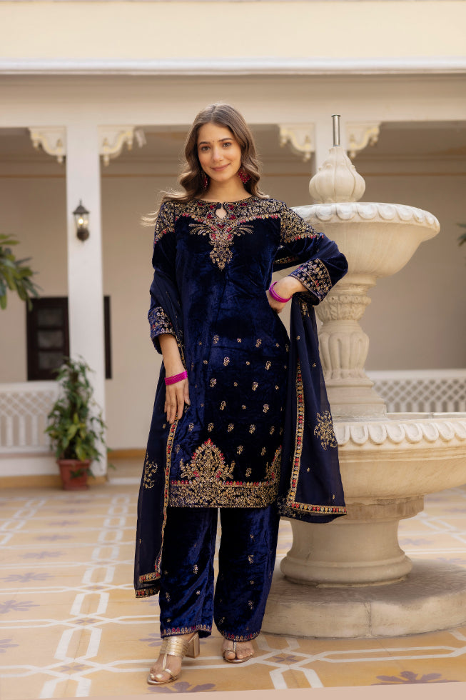 Designer Velvet Kurti, Pant & Dupatta Set