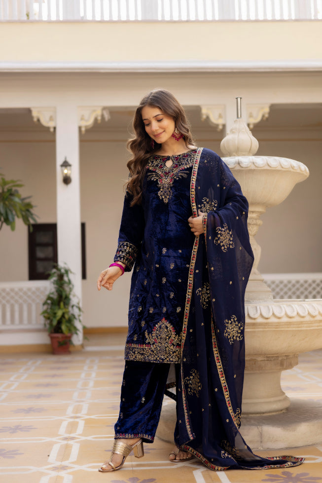 Designer Velvet Kurti, Pant & Dupatta Set