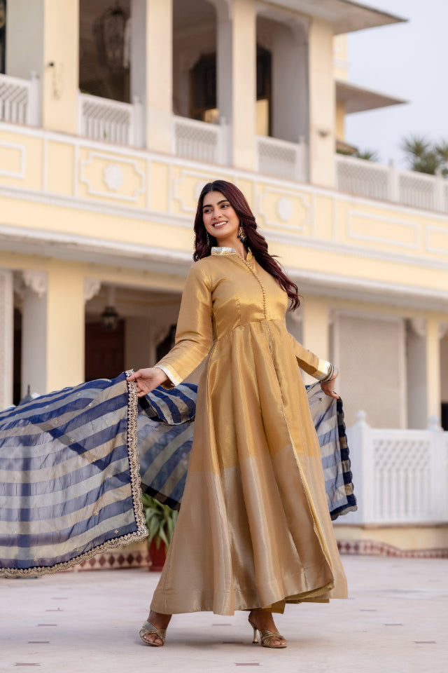 Rang Kasumbi Banarasi Gown Set with Pant & Dupatta