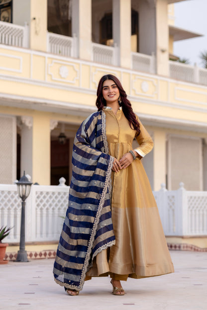 Rang Kasumbi Banarasi Gown Set with Pant & Dupatta
