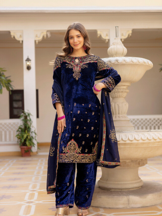 Designer Velvet Kurti, Pant & Dupatta Set